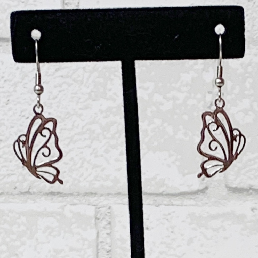 Stainless Steel Butterfly Earrings Silver Color Wire Hook Closure Backing